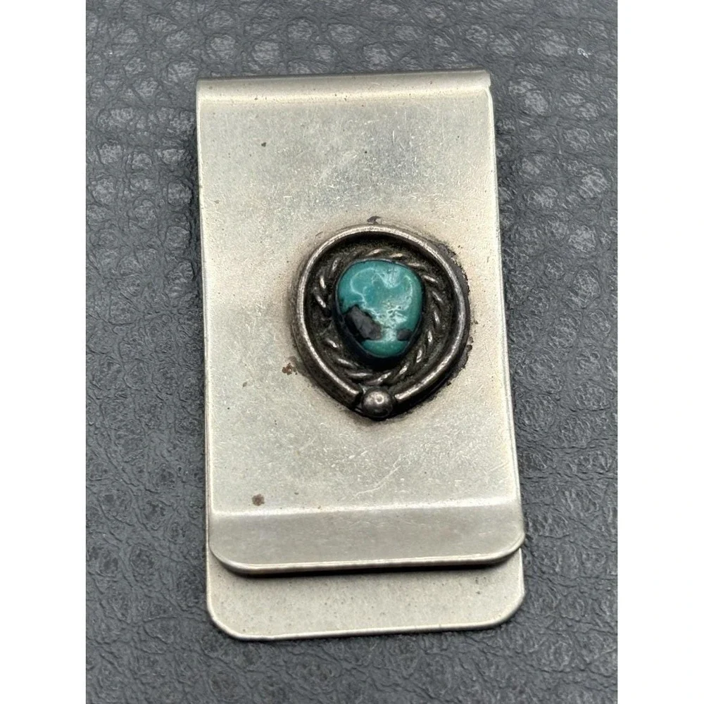 Vintage Silver Tone Turquoise Money Clip Southwest Style